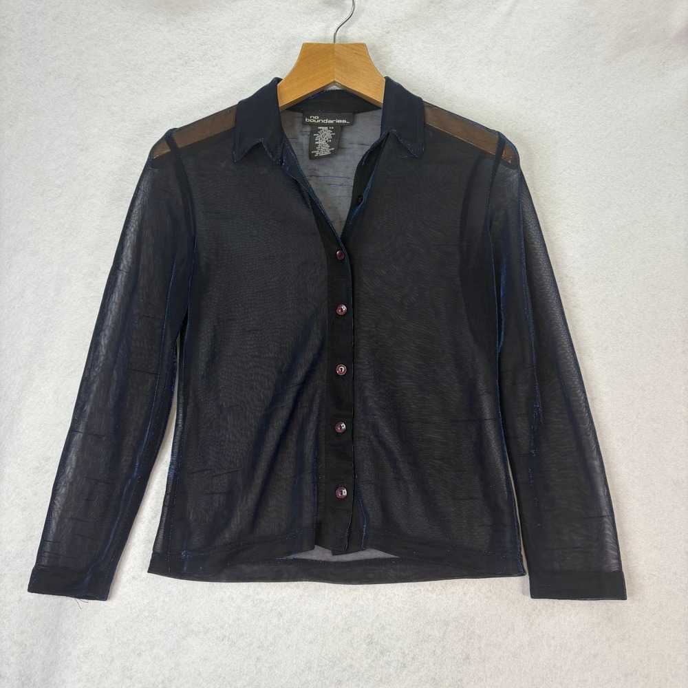 Vntg No Boundaries Sz M Blue Metallic‎ Mesh Top Button Front Long Sleeve Shirt